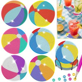 6 Pack Beach Balls Rhinestones Art Painting Coaster Kit Summer Holiday DIY Rhinestones Painting Coasters With Holder Cute Non Slip Coaster Art Su (Option: 6PCS)