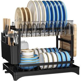 Multifunctional Dish Rack, Rustproof Kitchen Dish Drying Rack With Drainboard, Space-Saving 2-Tier Dish Drying Rack With A Large Capacity For Kit (Option: Black)