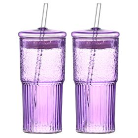 20 Oz 2-pack Purple Glass Straw Cup With Vertical Pattern Cup And Lid, High Borosilicate Heat-resistant Glass Cup For Juice, Milk And Cold Drinks (Option: Purple)