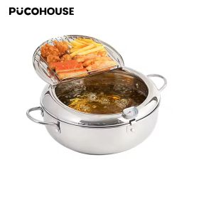 Tempura Deep Fryer Japanese Style Deep Fryer 304 Stainless Steel With Thermometer And Filter Cookware Deep Fryer (Option: Silver)